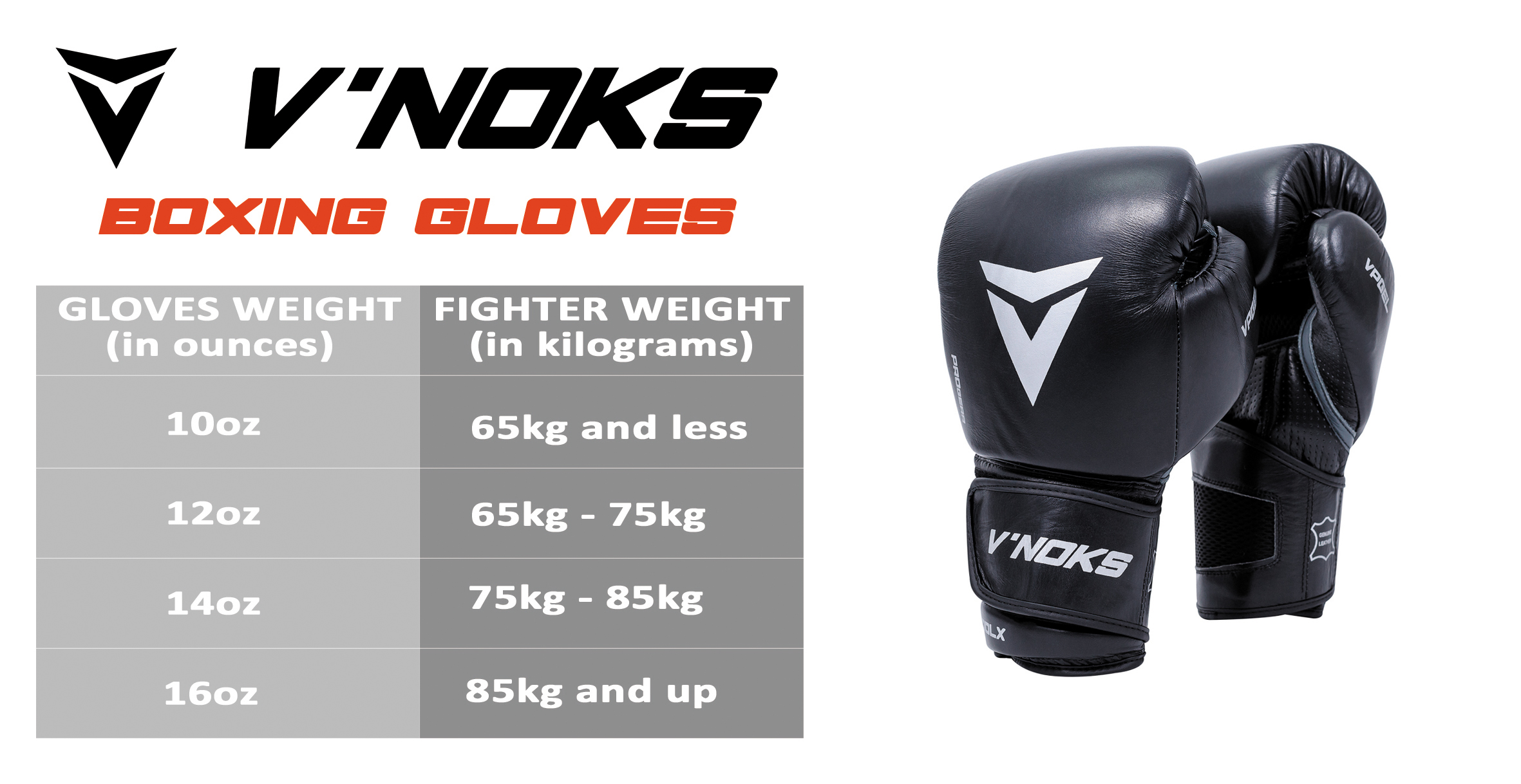 V`Noks Futuro Tec Boxing Gloves size chart